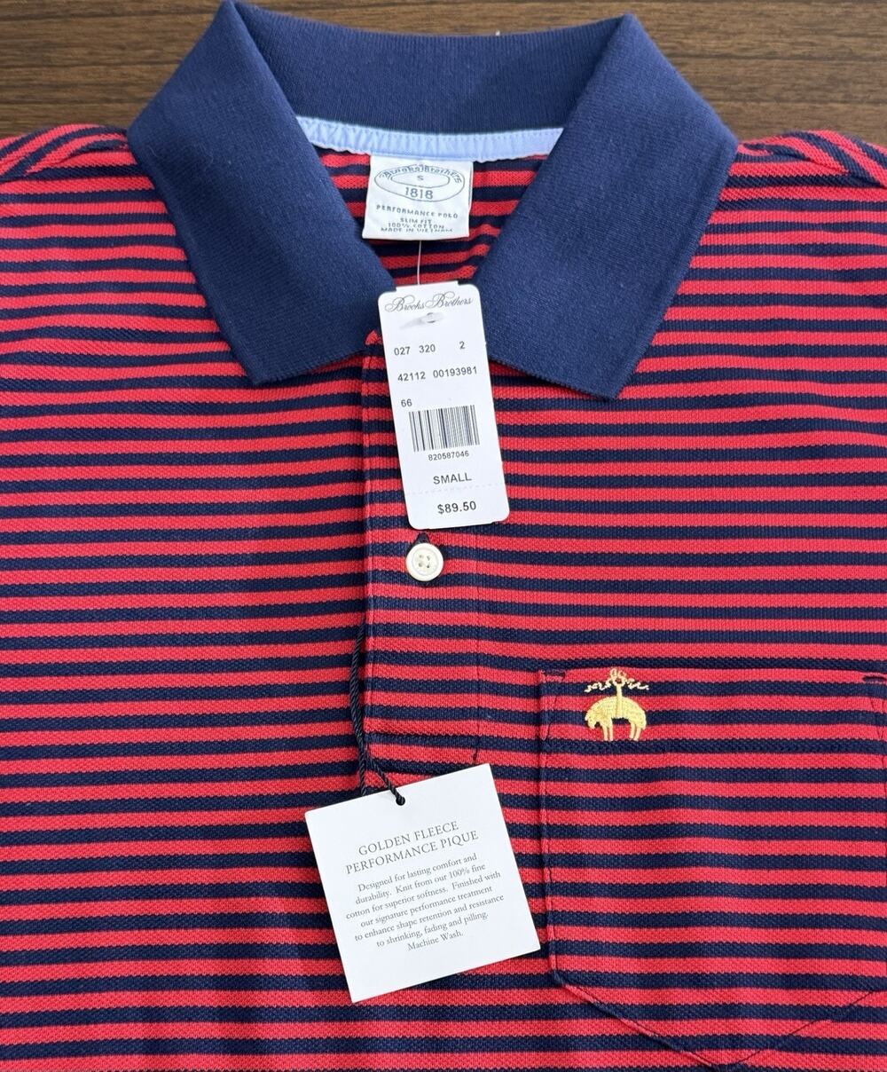 NWT Brooks Brothers Performance Polo Shirt Slim Fit Red Navy Stripe Preppy SMALL
